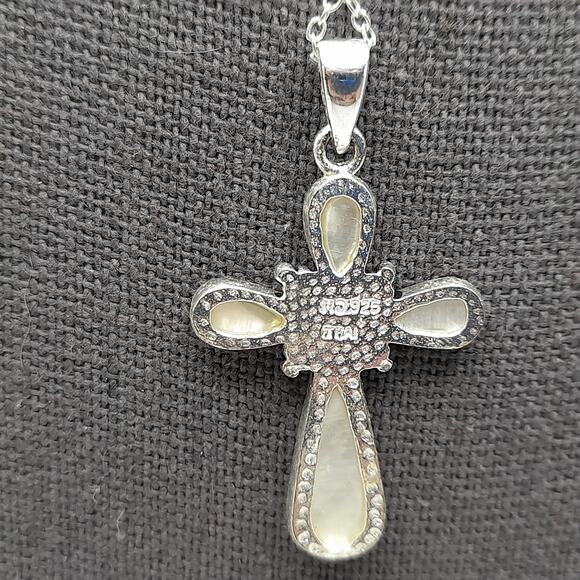 Mother of Pearl Cross Necklace, 925 Sterling Silver, Marcasite Center, 18", Thai - Picture 4 of 9